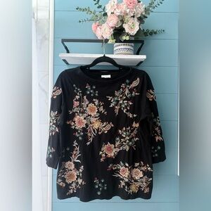 J.Jill Black Floral Embroidered Top Size Small Boho 3/4 Sleeve